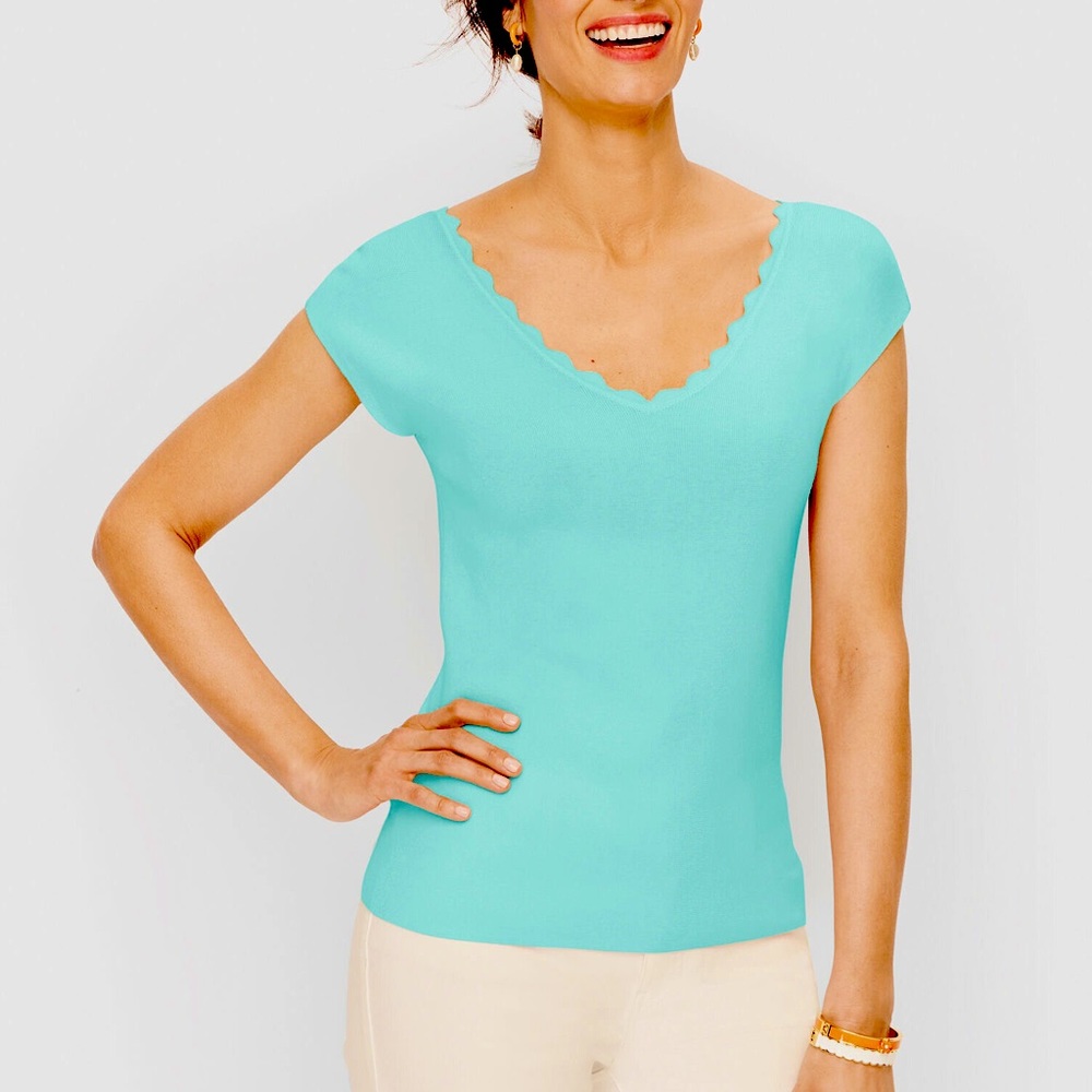 Talbots cotton blend v-neck teal sweater size medium petite